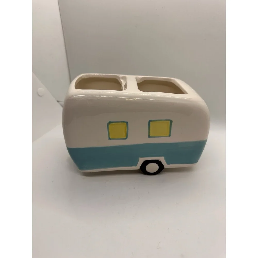 Retro Camper Ceramic Toothbrush Holder RV Bathroom Décor Turquoise Yellow‎